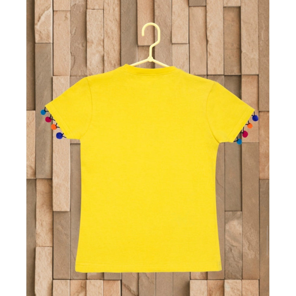 Girl's Casual Short Sleeve Printed Cotton T Shirt (Yellow)