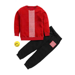 Boy's Casual Full Sleeve Printed Cotton T Shirt With Pant (Red)