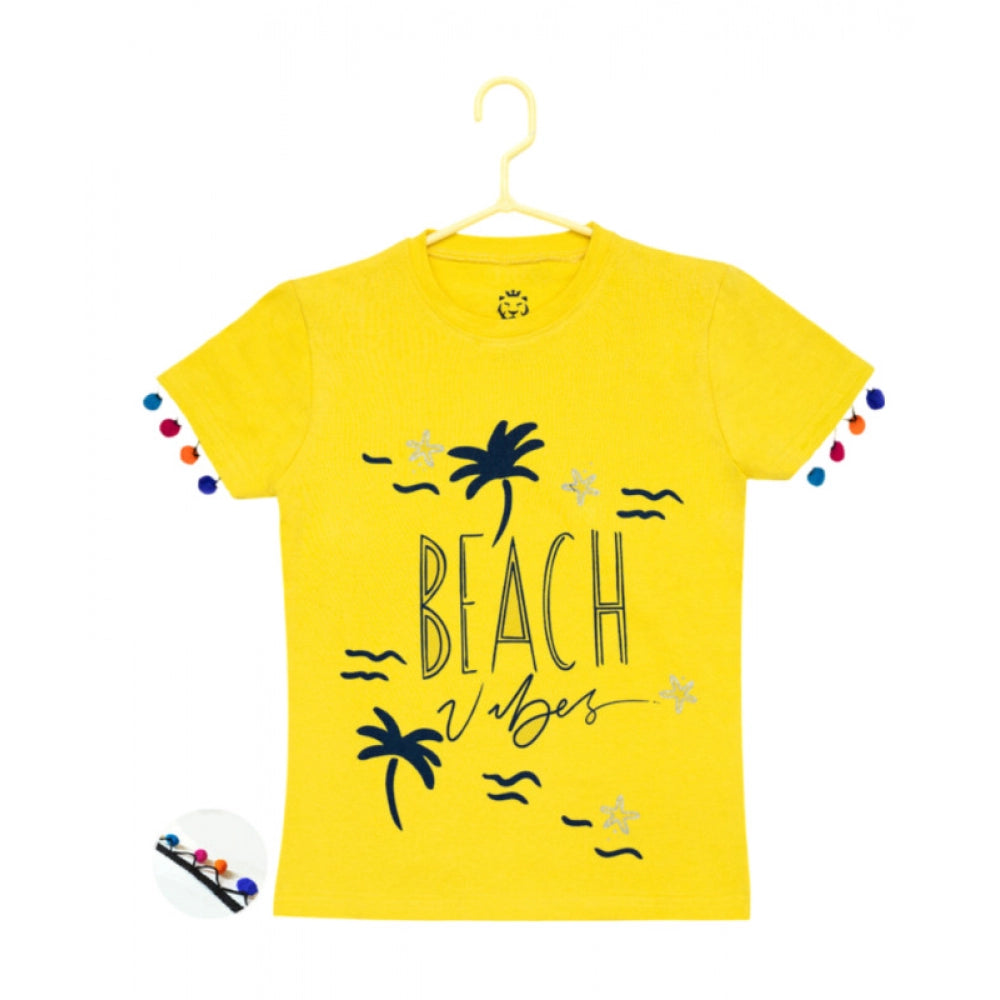 Girl's Casual Short Sleeve Printed Cotton T Shirt (Yellow)