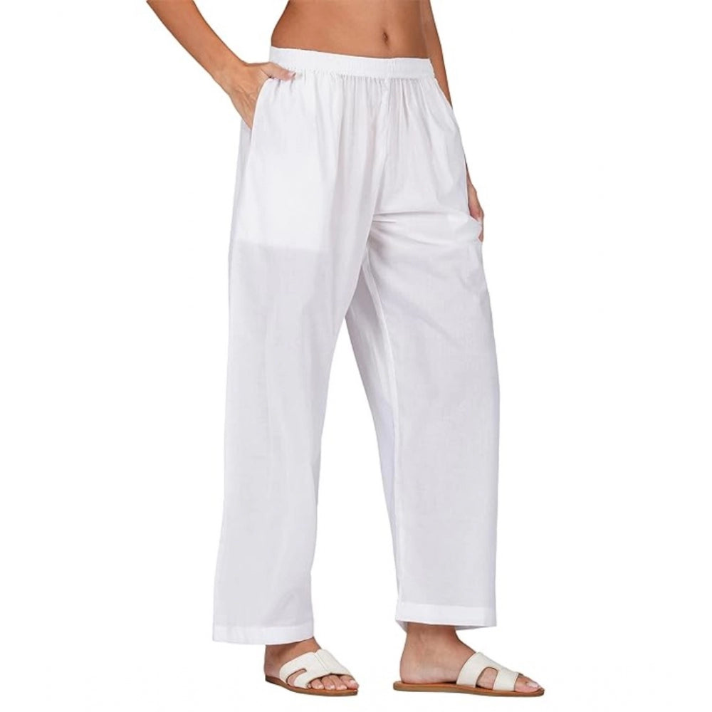 Casual Cotton Cambric Solid Elastic Palazzo Trousers (White)