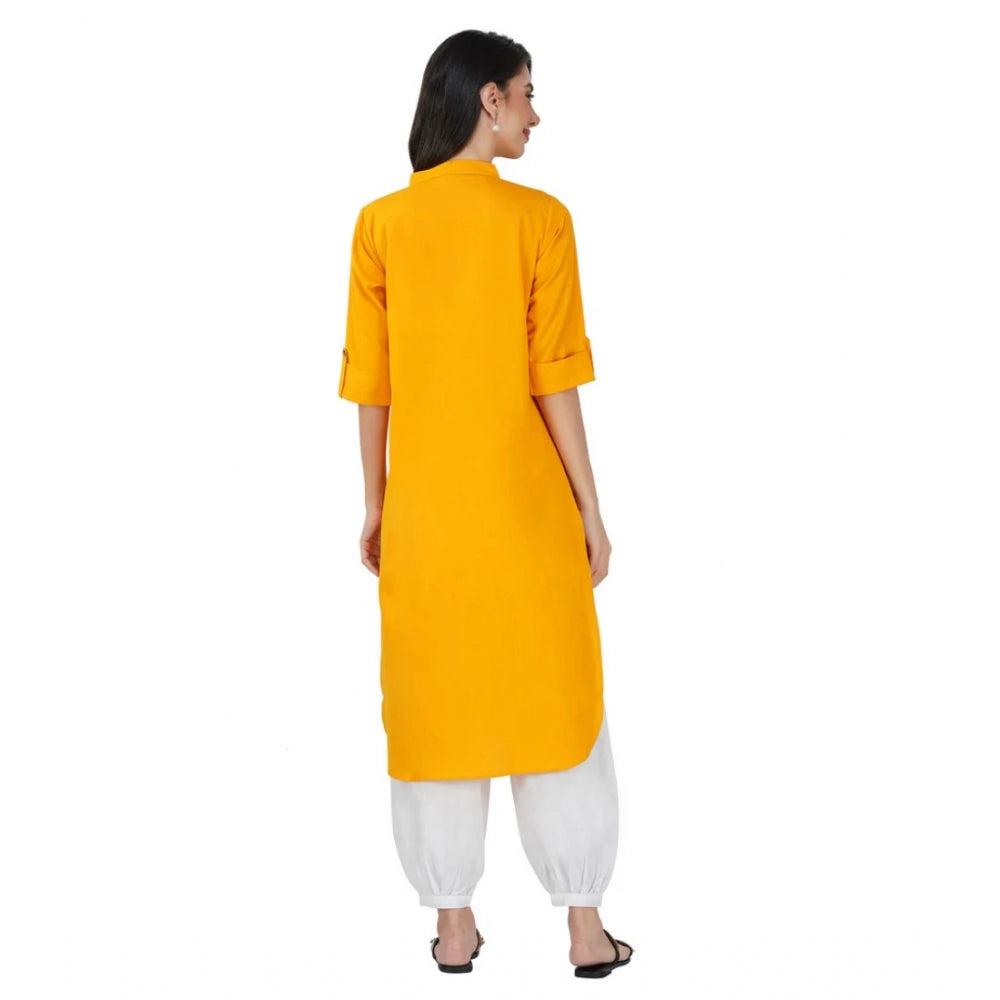 Women's Casual Cotton Solid 3-4 Sleeve Kurti (Yellow)