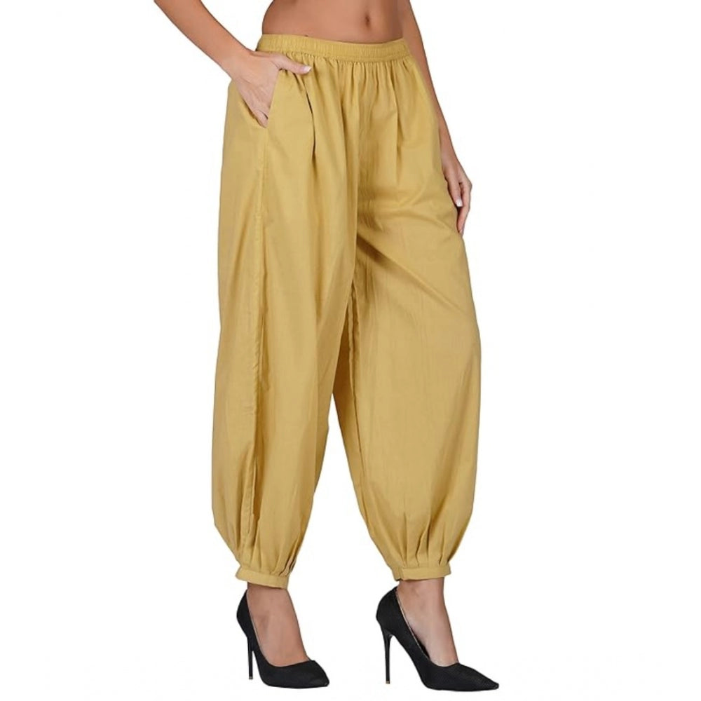 Casual Cotton Cambric Solid Elastic Waist Patiala Harem Pants (Beige)