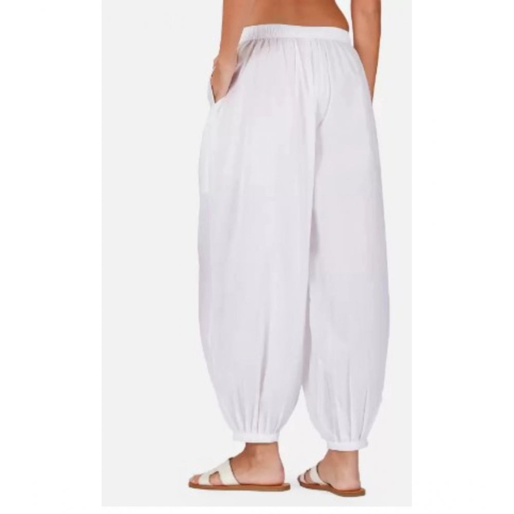 Casual Cotton Cambric Solid Elastic Waist Patiala Harem Pants (White)