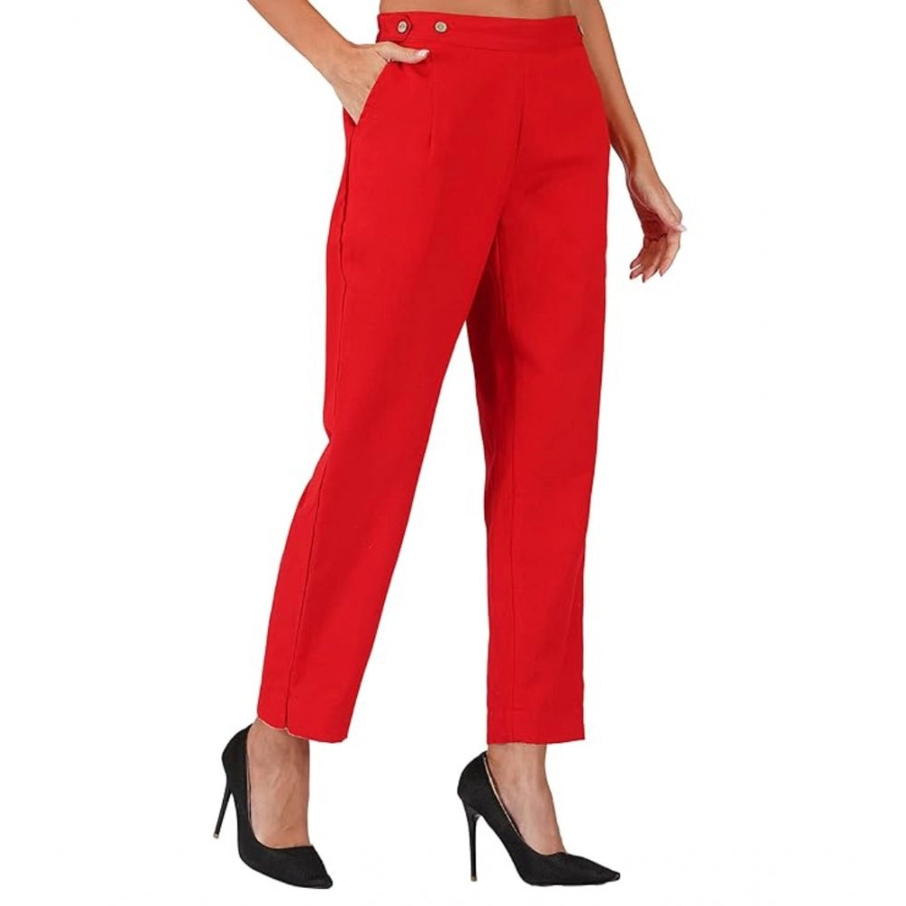 Casual Cotton Flax Solid Adjustable Waist Trouser Pants (Red)