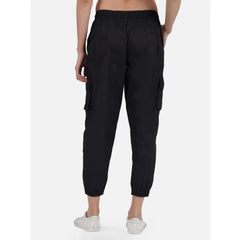 Casual Cotton Solid Elastic with Drawstring Cargo Pants (Black)