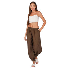 Casual Cotton Cambric Solid Elastic Waist Patiala Harem Pants (Brown)