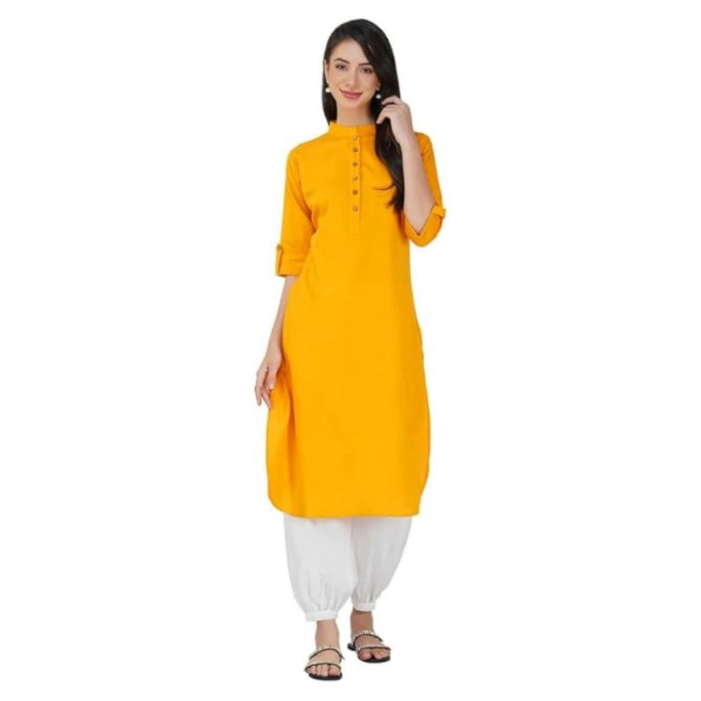 Women's Casual Cotton Solid 3-4 Sleeve Kurti (Yellow)