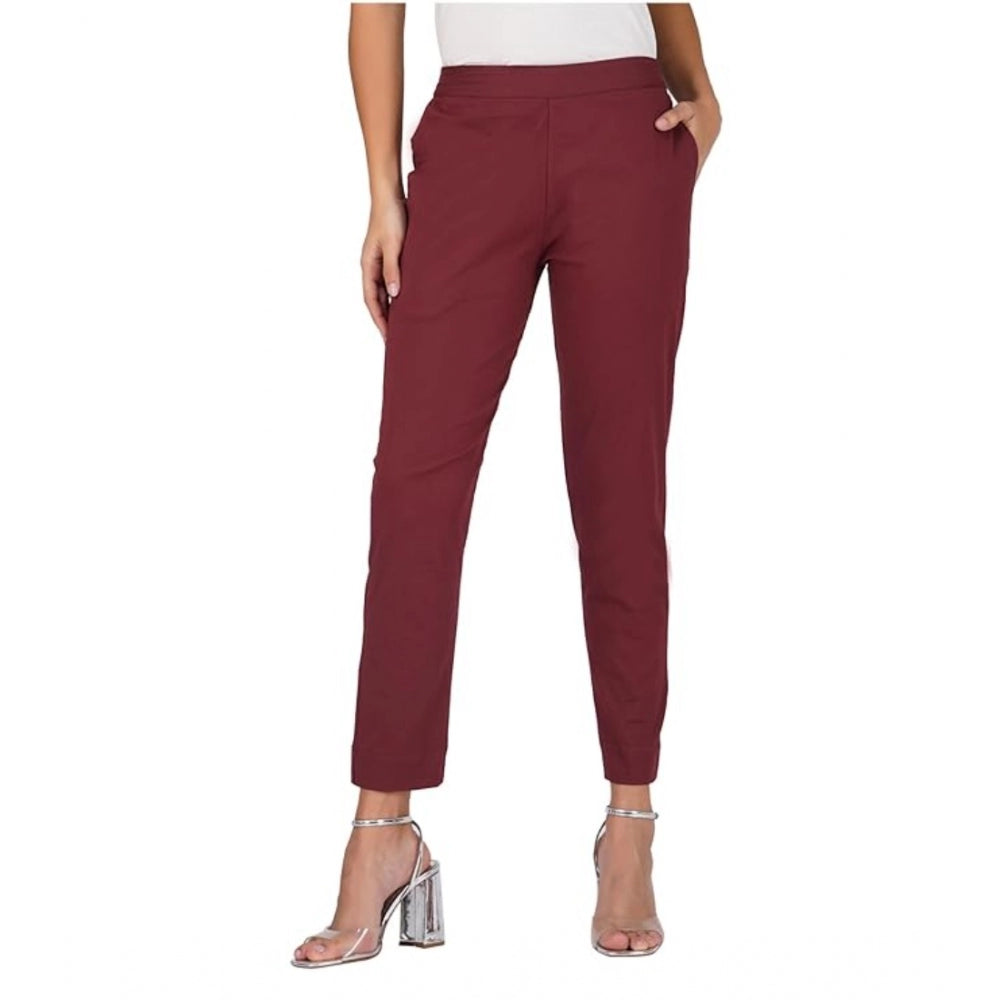 Casual Cotton Lycra Solid Trouser Pants (Maroon)