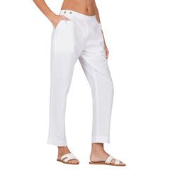 Casual Cotton Flax Solid Adjustable Waist Trouser Pants (White)