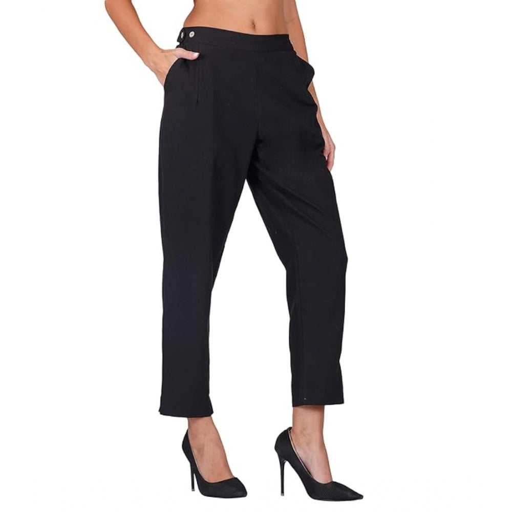 Casual Cotton Flax Solid Adjustable Waist Trouser Pants (Black)