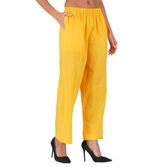 Casual Cotton Cambric Solid Elastic Palazzo Trousers (Yellow)