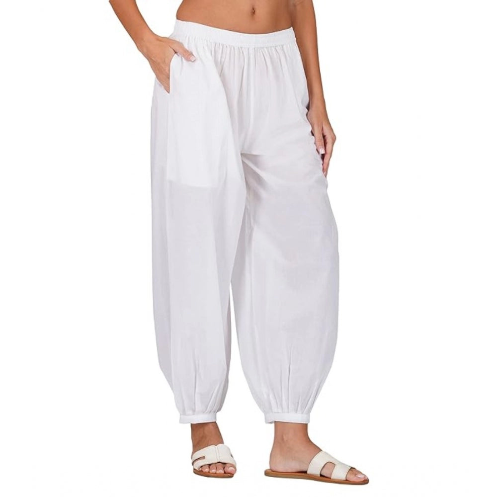 Casual Cotton Cambric Solid Elastic Waist Patiala Harem Pants (White)