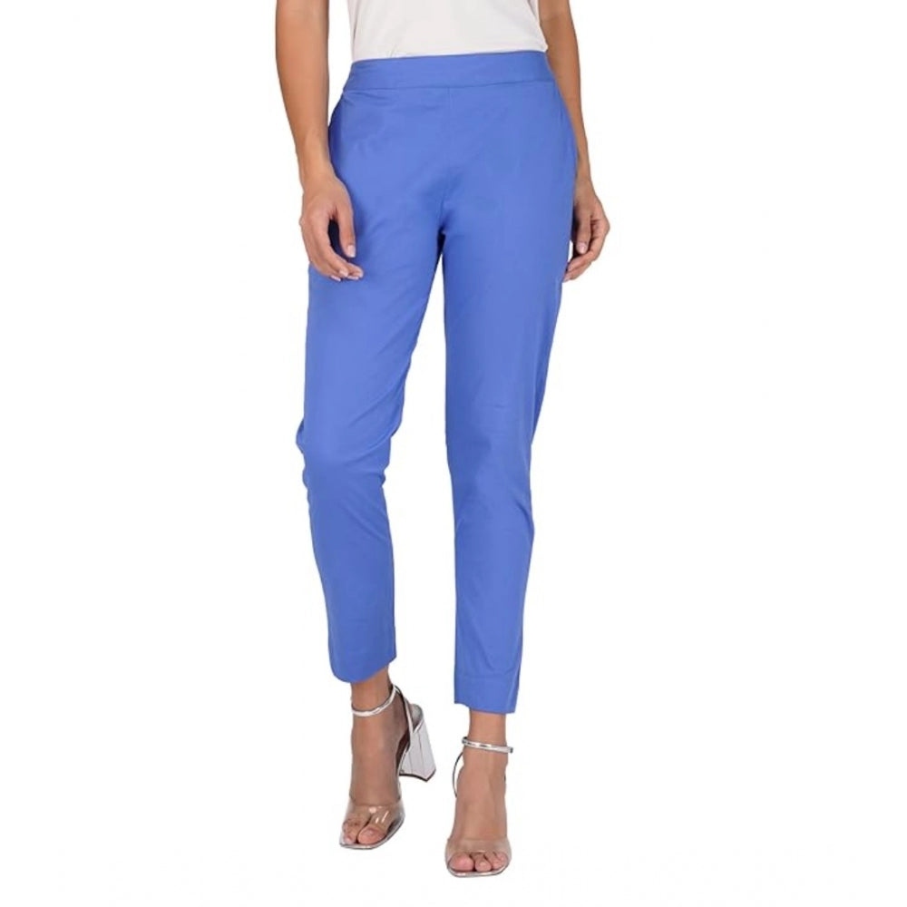 Casual Cotton Lycra Solid Trouser Pants (Blue)