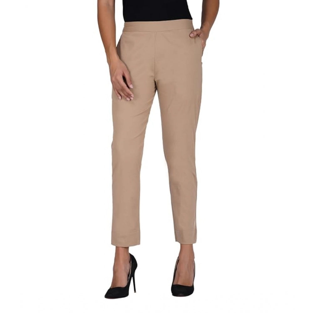 Casual Cotton Lycra Solid Trouser Pants (Beige)