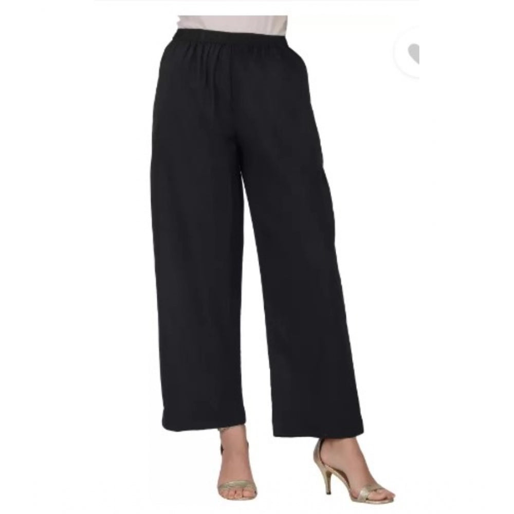 Casual Cotton Cambric Solid Elastic Palazzo Trousers (Black)