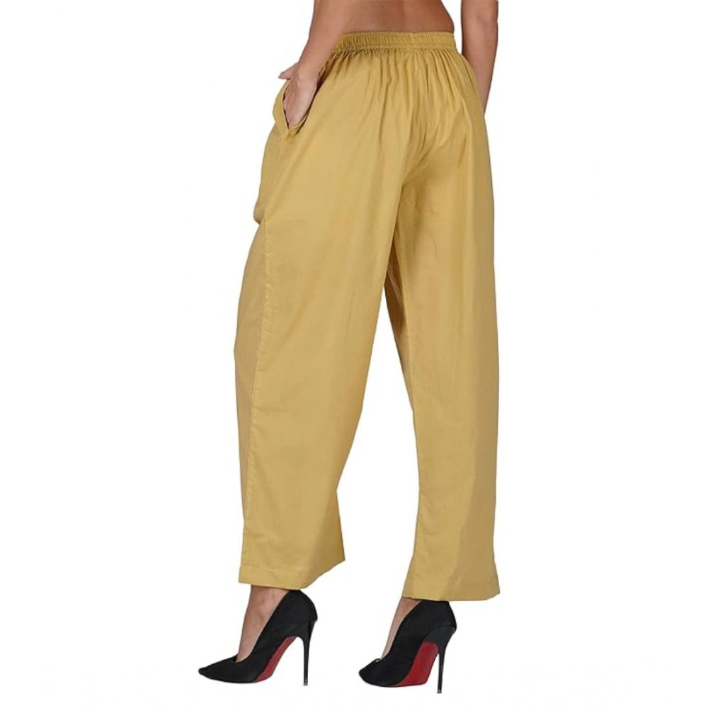 Casual Cotton Cambric Solid Elastic Palazzo Trousers (Beige)