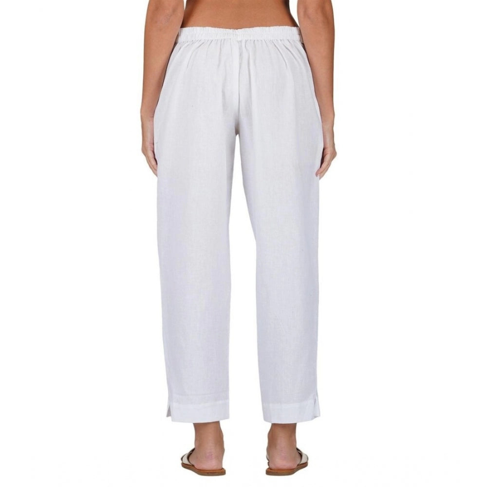 Casual Cotton Flax Solid Adjustable Waist Trouser Pants (White)