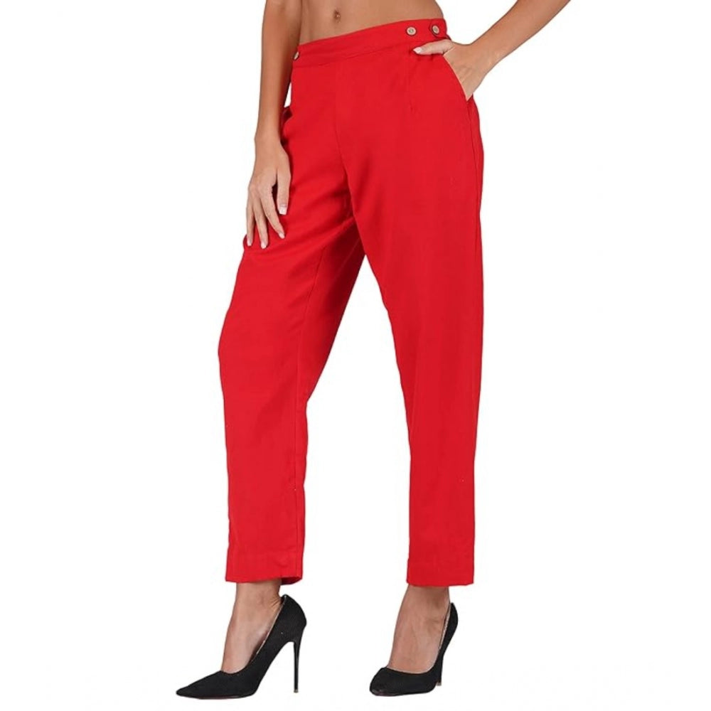 Casual Cotton Flax Solid Adjustable Waist Trouser Pants (Red)