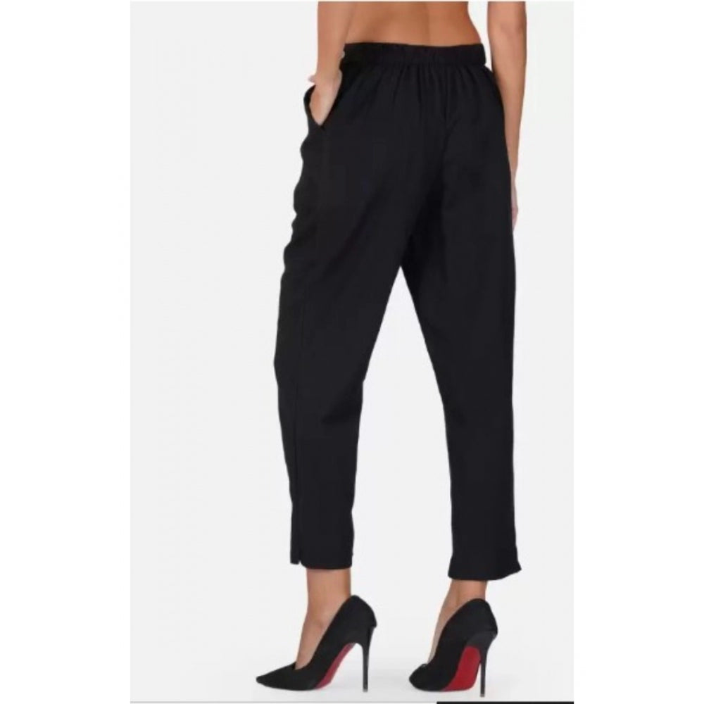 Casual Cotton Flax Solid Adjustable Waist Trouser Pants (Black)