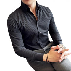 Men's Casual Full Sleeve Striped Cotton Blended Shirt (Black)