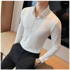 Men's Casual Full Sleeve Striped Cotton Blended Shirt (White)