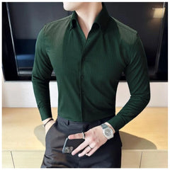 Men's Casual Full Sleeve Striped Cotton Blended Shirt (Green)