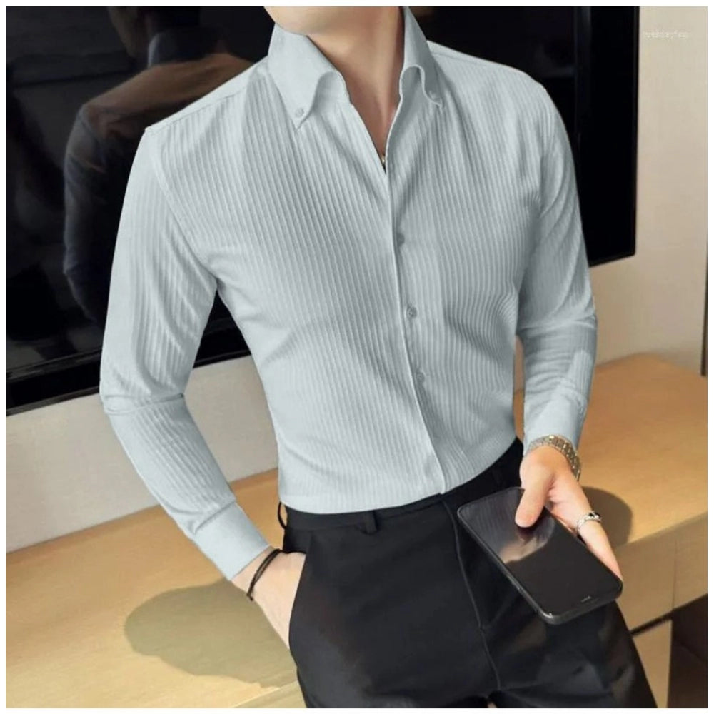 Men's Casual Full Sleeve Striped Cotton Blended Shirt (Grey)