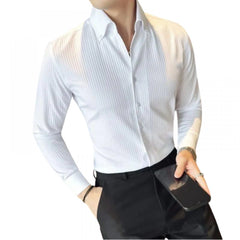 Men's Casual Full Sleeve Striped Cotton Blended Shirt (White)