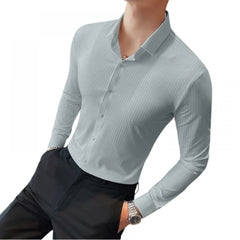 Men's Casual Full Sleeve Striped Cotton Blended Shirt (Grey)