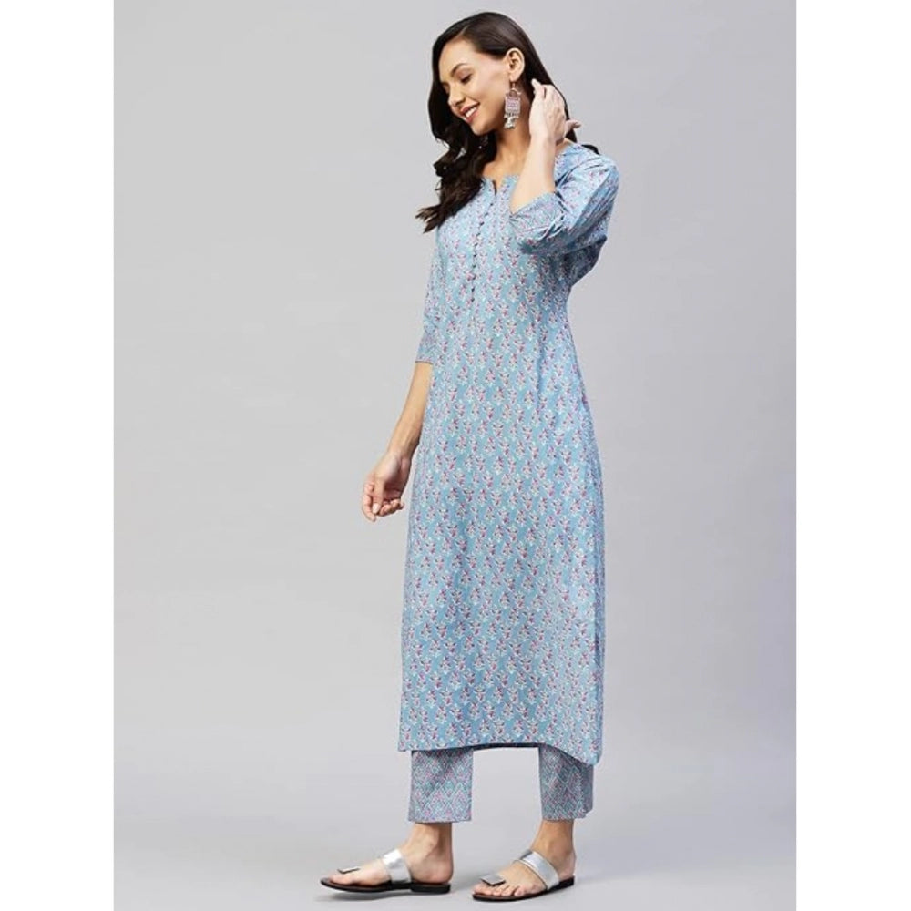 Casual 3-4 th Sleeve Printed Cotton Kurti Pant Set (Pastel Blue)