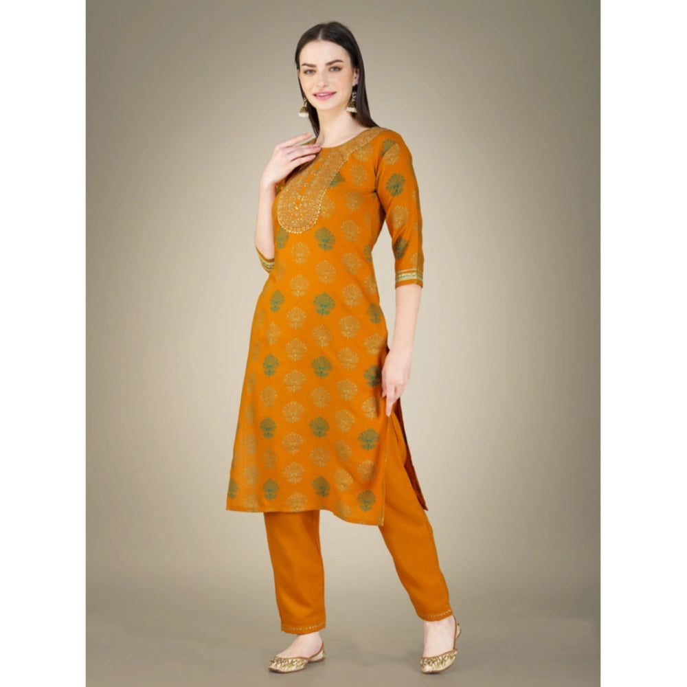 Casual 3-4 th Sleeve Embroidery Cotton Kurti Pant Dupatta Set (Yellow)