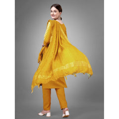 Casual 3-4 th Sleeve Embroidery Cotton Kurti Pant Dupatta Set (Yellow)