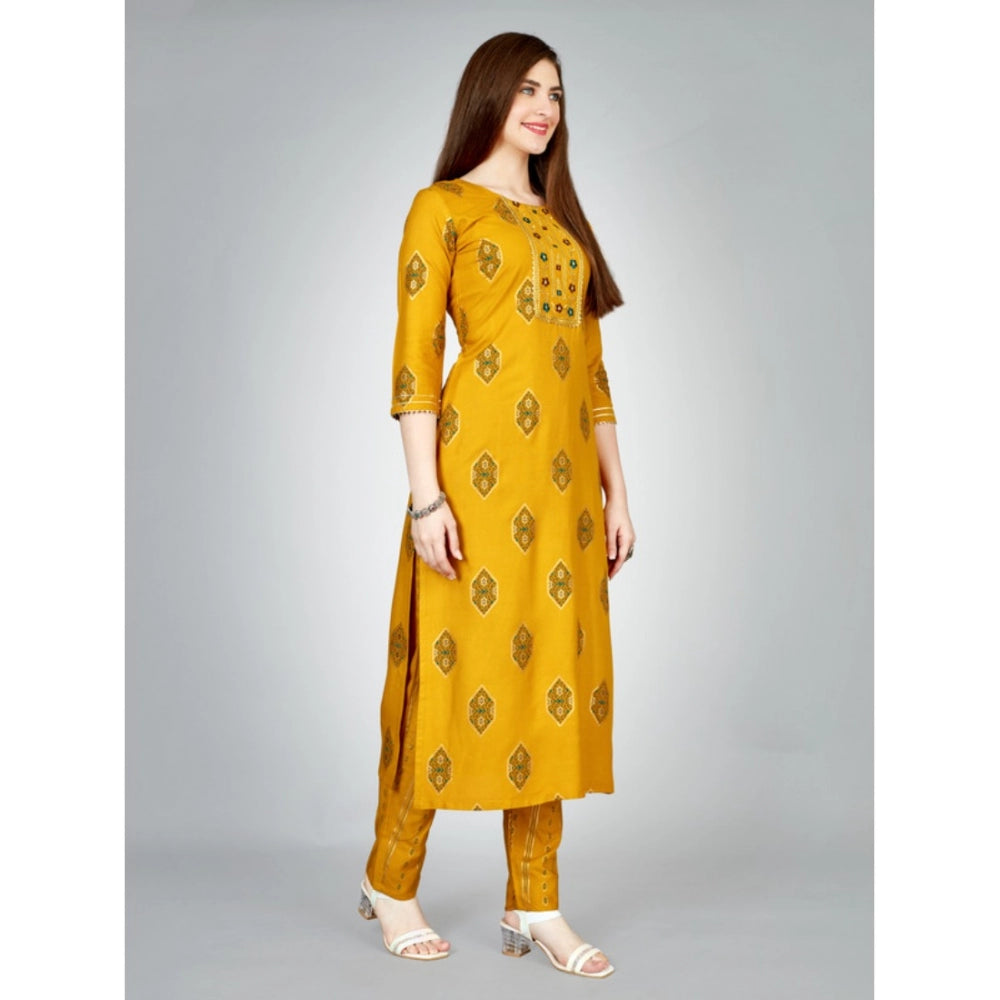 Casual 3-4 th Sleeve Embroidery Rayon Kurti Pant Set (Yellow)