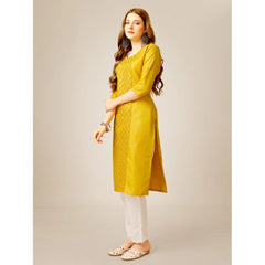 Casual 3-4 th Sleeve Embroidery Cotton Kurti Pant Set (Yellow)