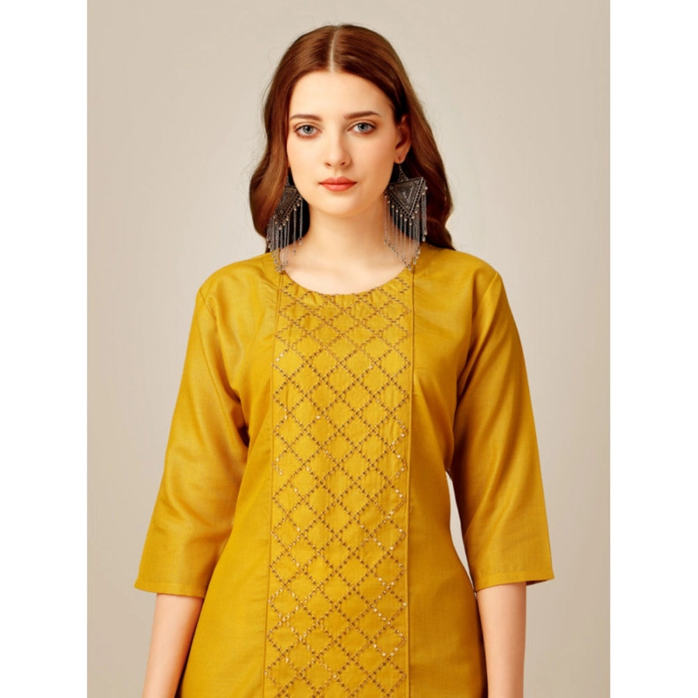 Casual 3-4 th Sleeve Embroidery Cotton Kurti Pant Set (Yellow)