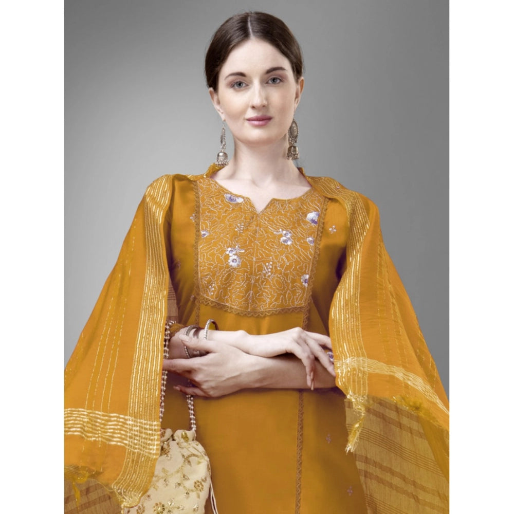 Casual 3-4 th Sleeve Embroidery Cotton Kurti Pant Dupatta Set (Yellow)