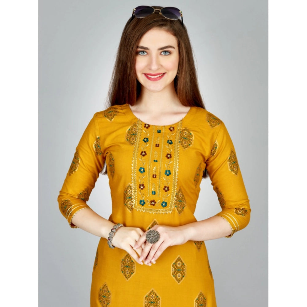 Casual 3-4 th Sleeve Embroidery Rayon Kurti Pant Set (Yellow)