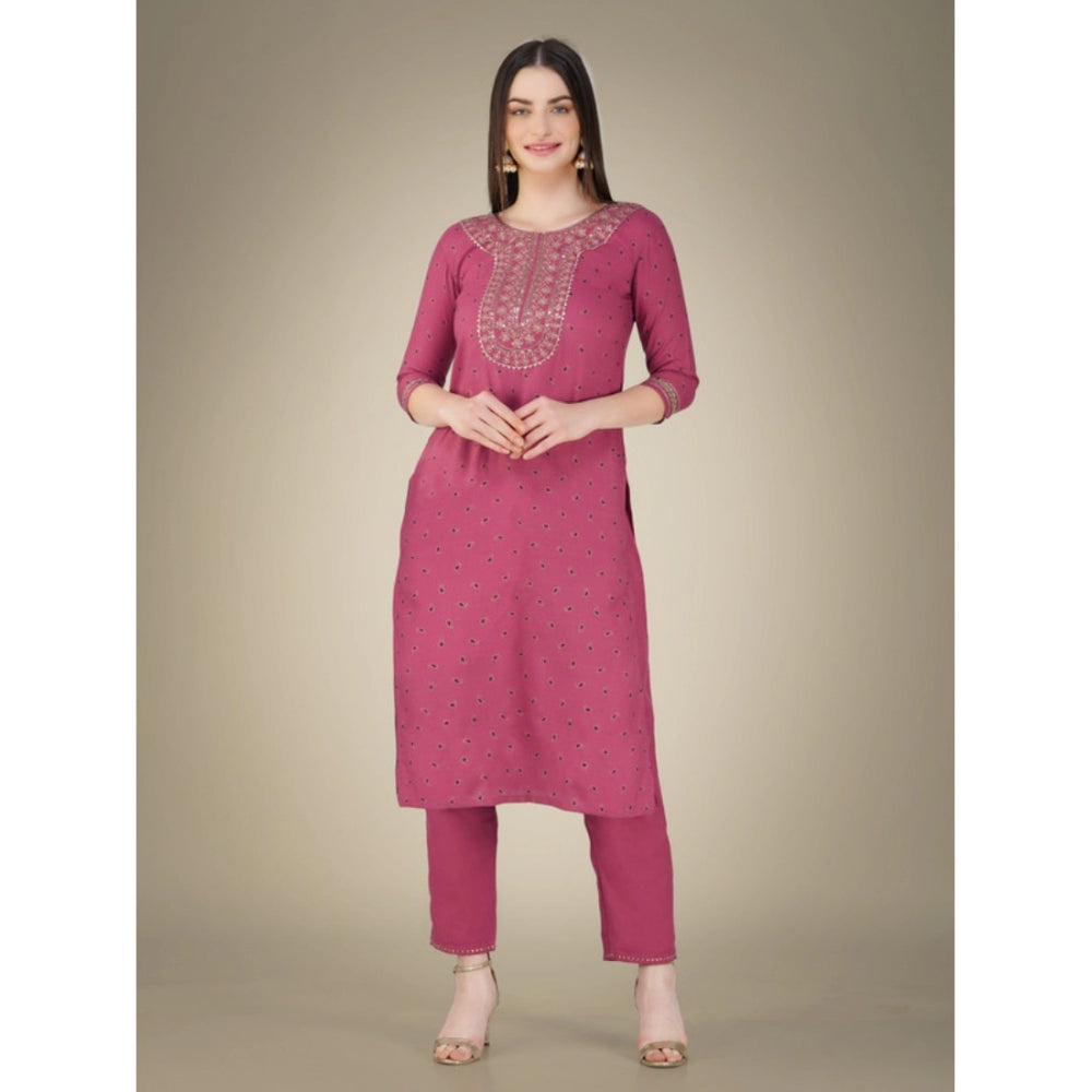 Casual 3-4 th Sleeve Embroidery Cotton Kurti Pant Dupatta Set (Wine)