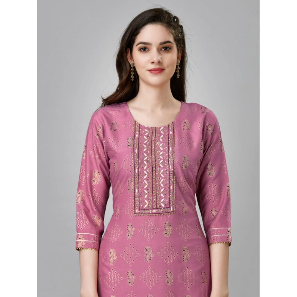 Casual 3-4 th Sleeve Embroidery Rayon Kurti Pant Set (Purple)