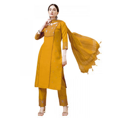 Casual 3-4 th Sleeve Embroidery Cotton Kurti Pant Dupatta Set (Yellow)