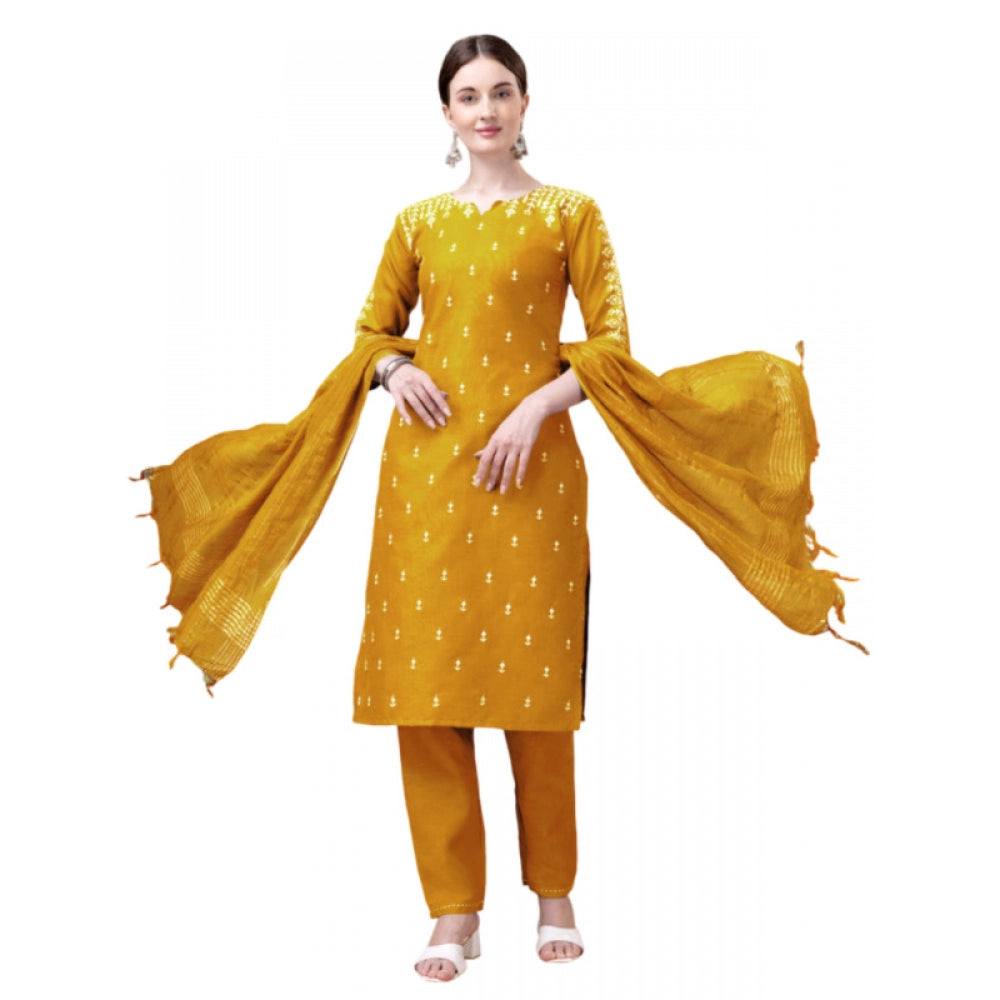 Casual 3-4 th Sleeve Embroidery Cotton Kurti Pant Dupatta Set (Yellow)