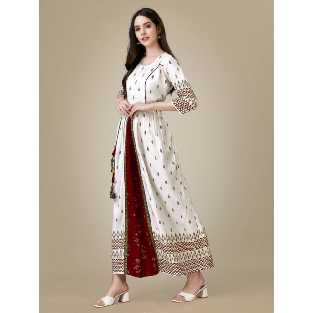 Casual 3-4 th Sleeve Printed Rayon Gown (White)