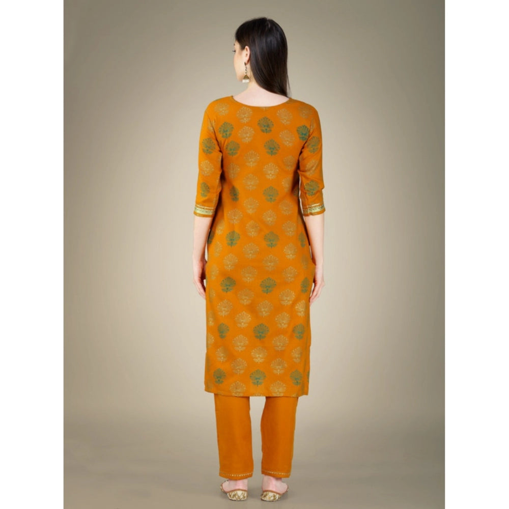 Casual 3-4 th Sleeve Embroidery Cotton Kurti Pant Dupatta Set (Yellow)