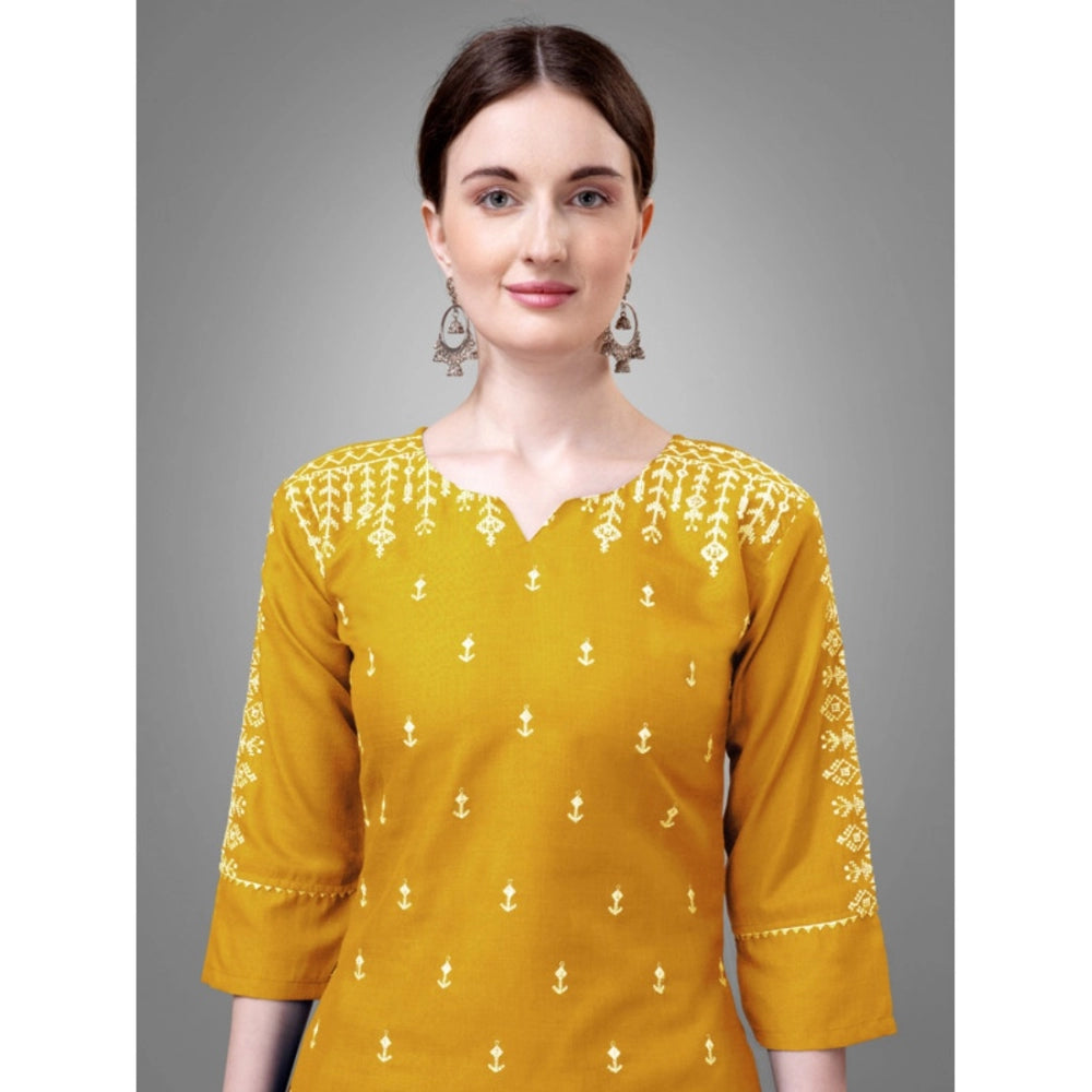 Casual 3-4 th Sleeve Embroidery Cotton Kurti Pant Dupatta Set (Yellow)