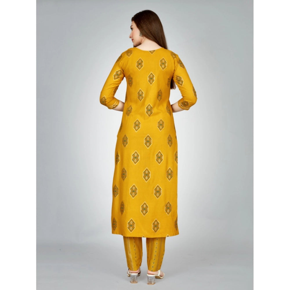 Casual 3-4 th Sleeve Embroidery Rayon Kurti Pant Set (Yellow)