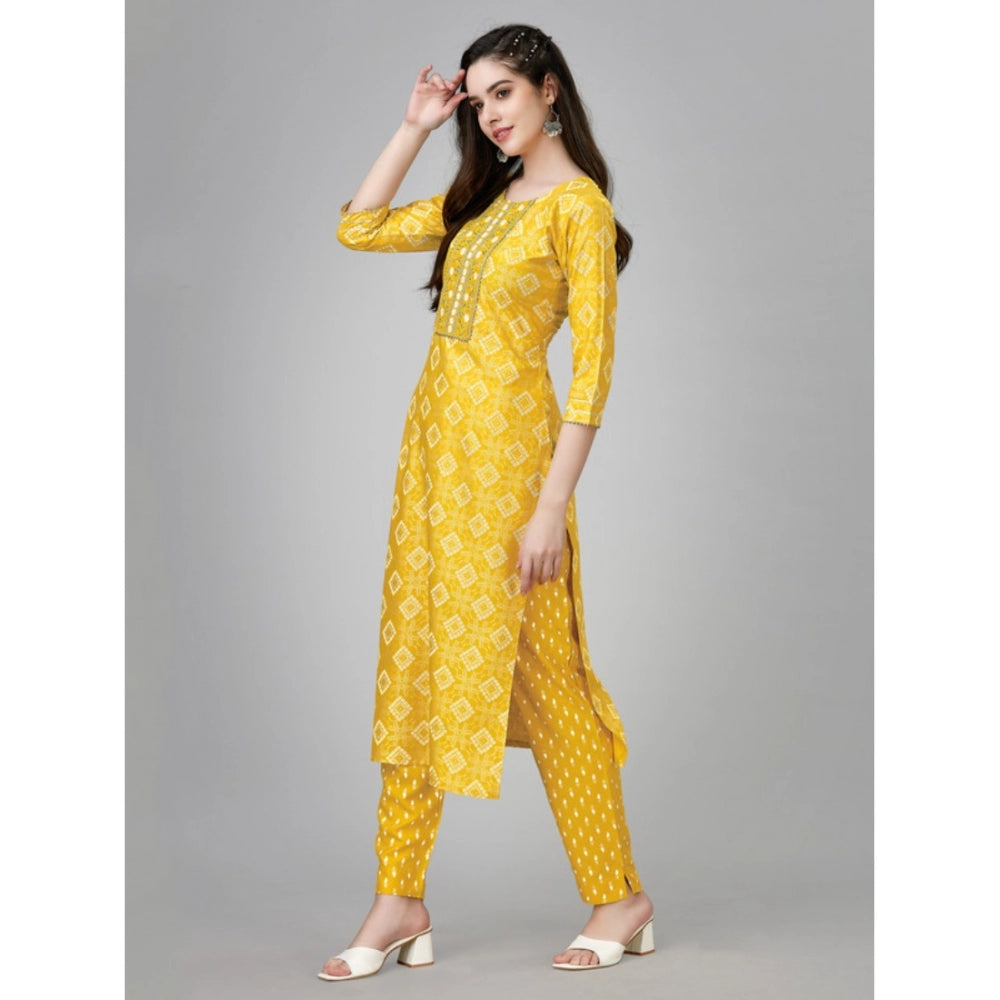 Casual 3-4 th Sleeve Embroidery Rayon Kurti Pant Set (Yellow)