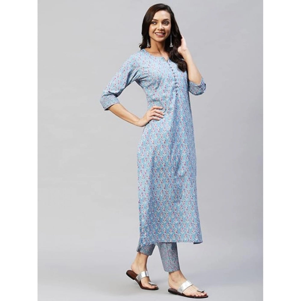 Casual 3-4 th Sleeve Printed Cotton Kurti Pant Set (Pastel Blue)