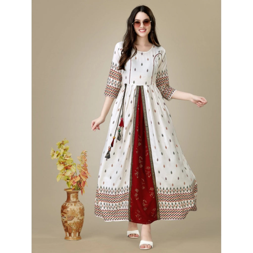 Casual 3-4 th Sleeve Printed Rayon Gown (White)