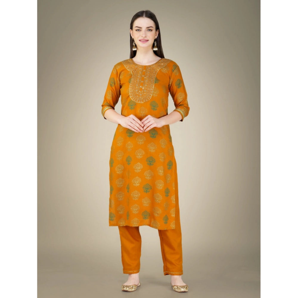 Casual 3-4 th Sleeve Embroidery Cotton Kurti Pant Dupatta Set (Yellow)