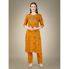 Casual 3-4 th Sleeve Embroidery Cotton Kurti Pant Dupatta Set (Yellow)